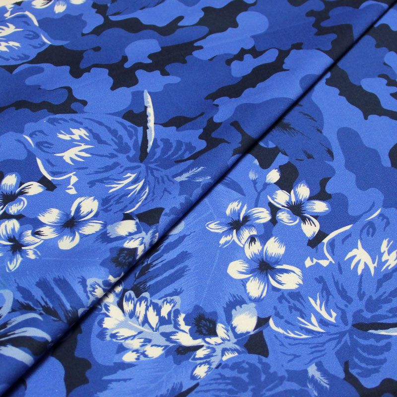 Gabardine coton & élasthanne - Fleuri hibiscus et tiaré bleu