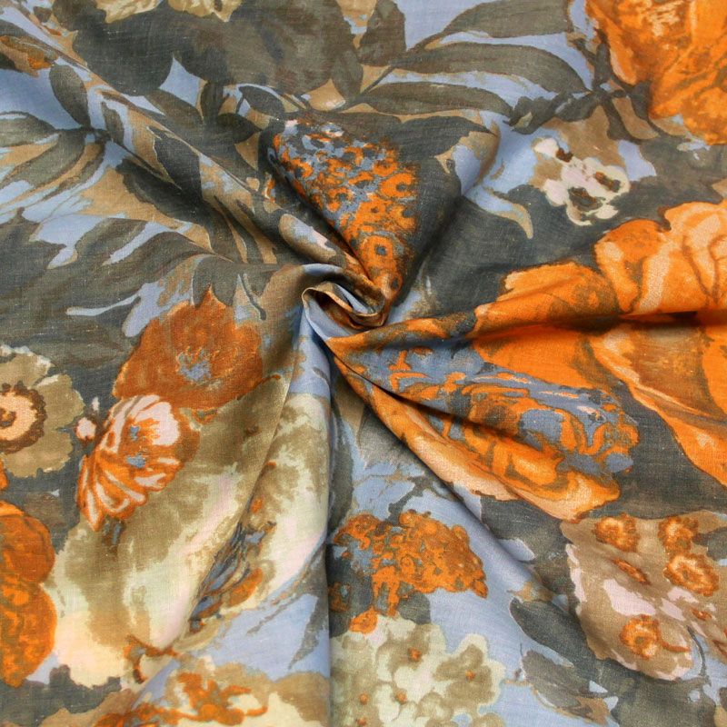 Batiste 100% coton - Grosse fleur orange fond bleu