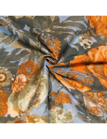 Batiste 100% coton - Grosse fleur orange fond bleu
