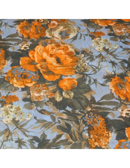 Batiste 100% coton - Grosse fleur orange fond bleu