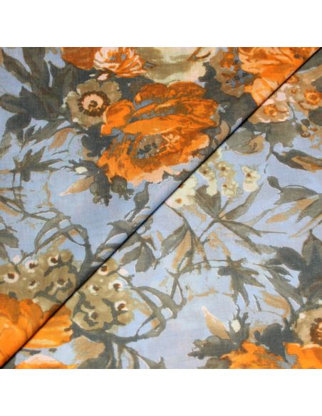 Batiste 100% coton - Grosse fleur orange fond bleu