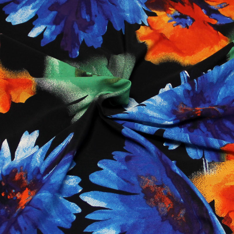 Crêpe marocain - Fleuri bleu, vert & orange