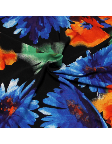 Crêpe marocain - Fleuri bleu, vert & orange