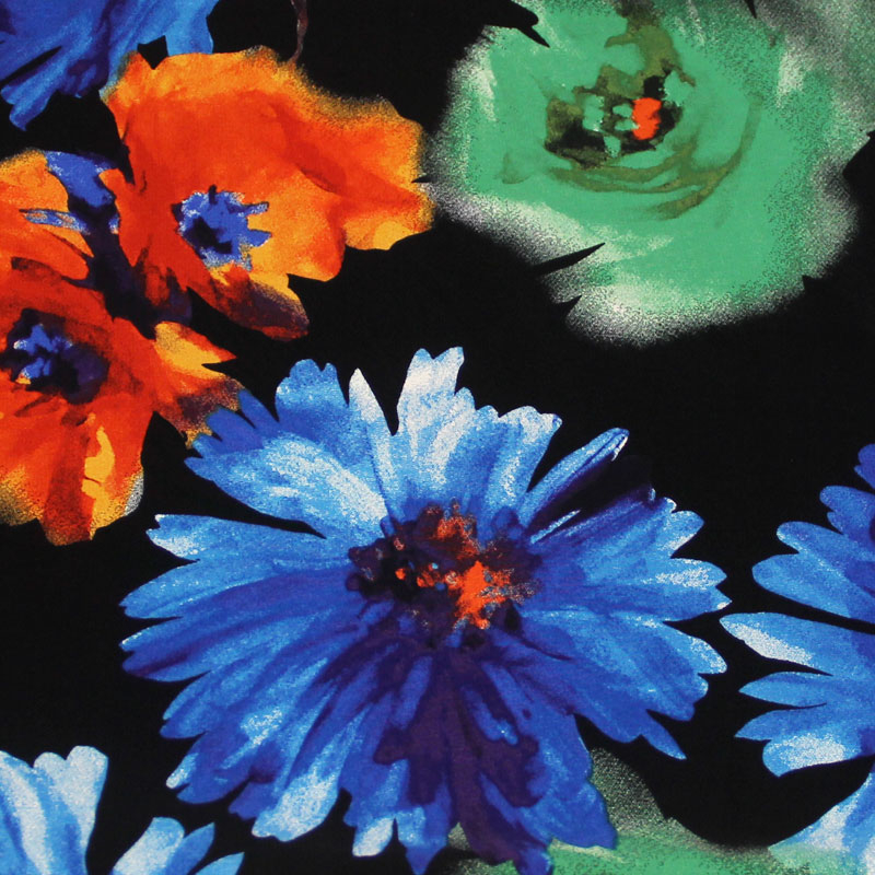 Crêpe marocain - Fleuri bleu, vert & orange