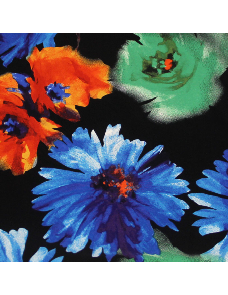 Crêpe marocain - Fleuri bleu, vert & orange