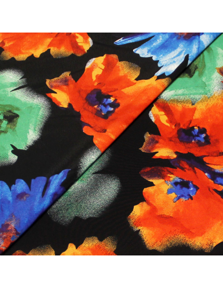 Crêpe marocain - Fleuri bleu, vert & orange