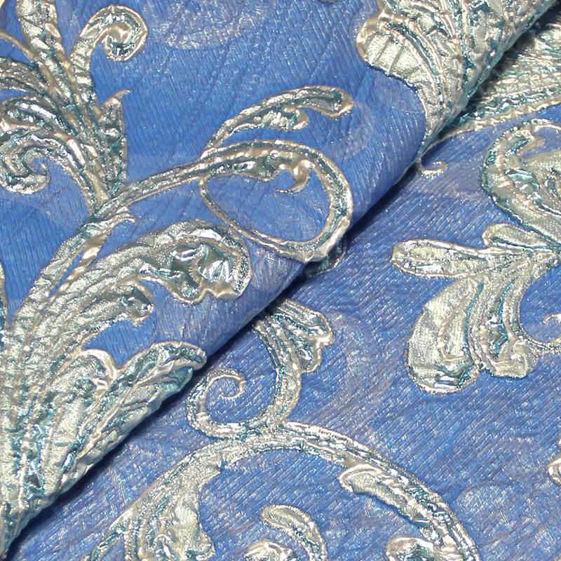 Tissu brocart - Feuillage baroque argent & turquoise fond bleu