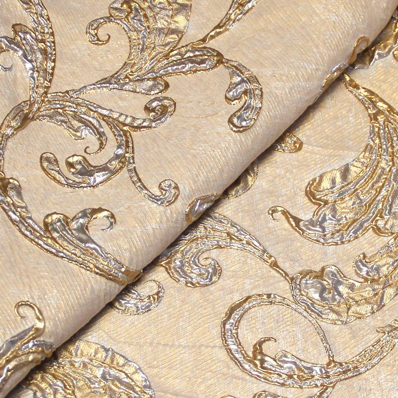 Tissu brocart - Feuillage baroque argent & doré fond écru