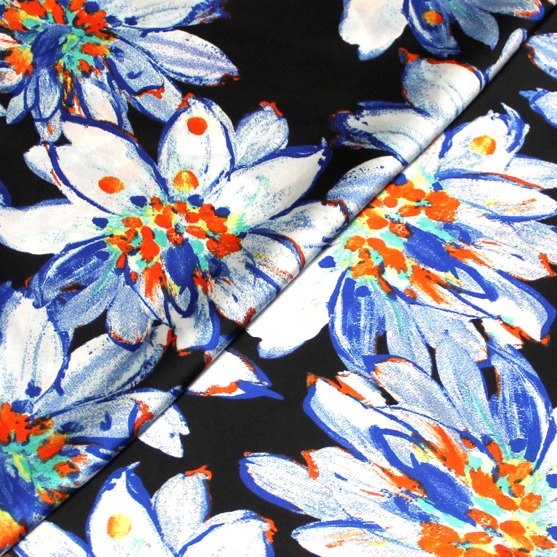 Satin - Fleuri bleu & orange fond noir