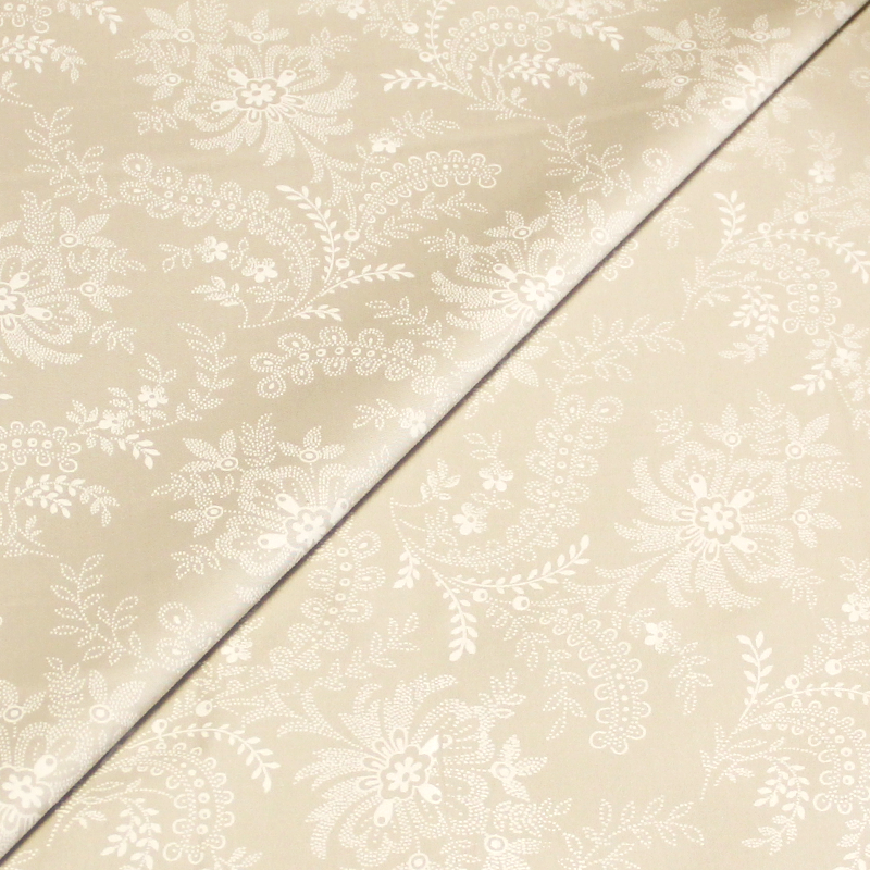 Gabardine coton & élasthanne - Fleuri blanc fond beige