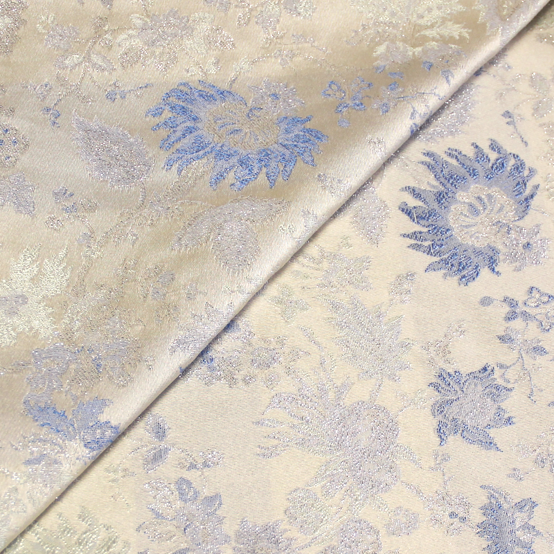 Tissu broché - Fleur bleu & argent fond gris