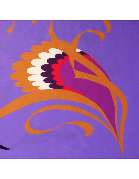 Satin 100% soie - Plume multicolore fond violet