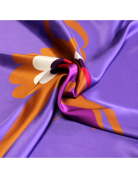 Satin 100% soie - Plume multicolore fond violet