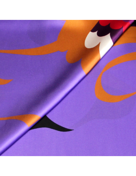 Satin 100% soie - Plume multicolore fond violet