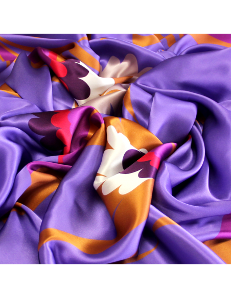 Satin 100% soie - Plume multicolore fond violet