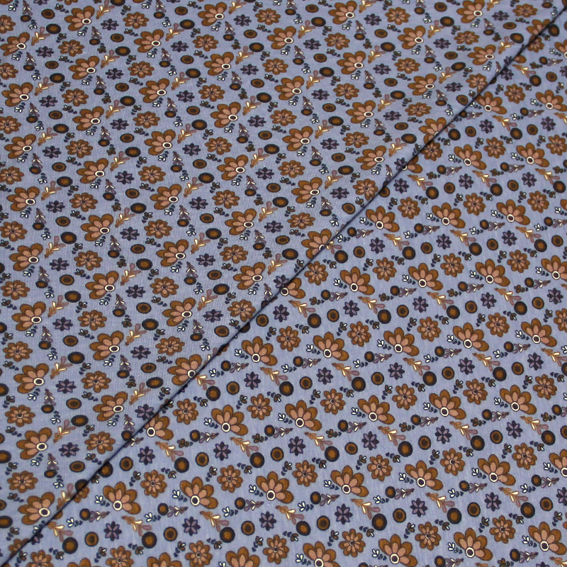 Jersey coton & élasthanne - Fleuri marron fond bleu