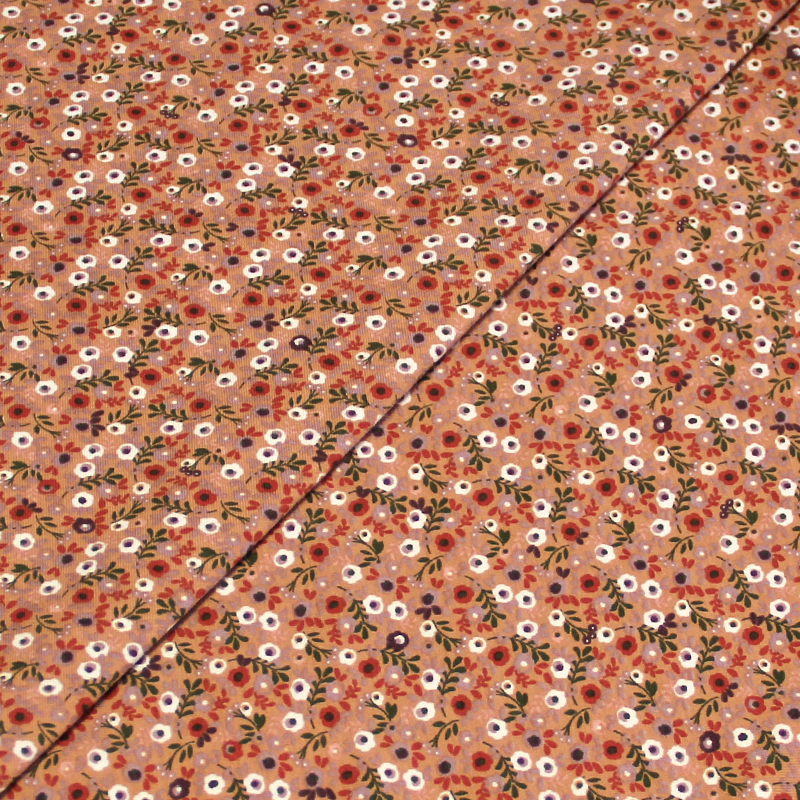 Jersey coton & élasthanne - Petite fleur multicolore fond terracotta