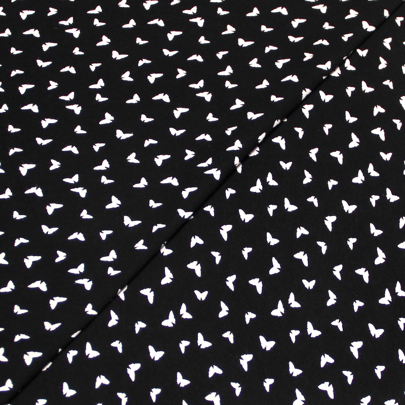 Jersey coton & élasthanne - Papillon blanc fond noir