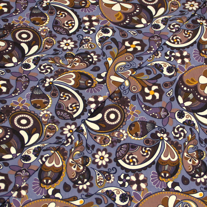Jersey coton & élasthanne - Cachemire fleuri fond bleu