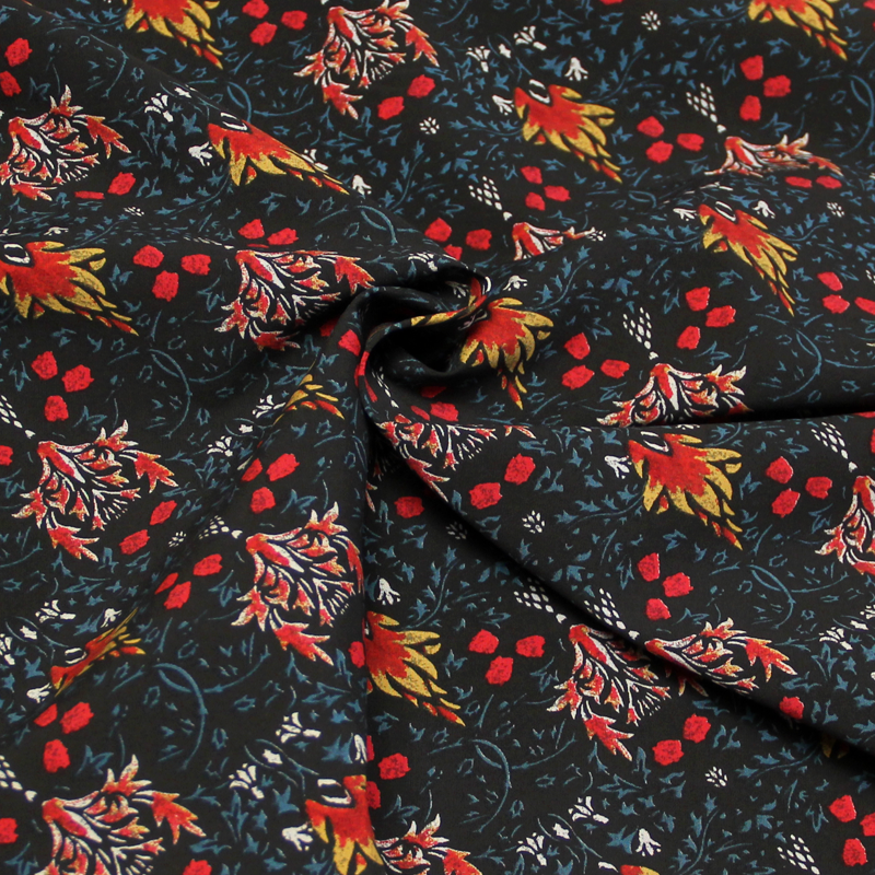 Popeline 100% coton - Motif rouge & jaune fond noir