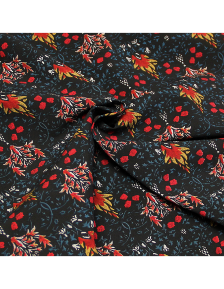 Popeline 100% coton - Motif rouge & jaune fond noir