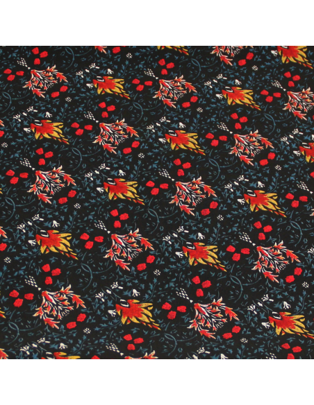 Popeline 100% coton - Motif rouge & jaune fond noir