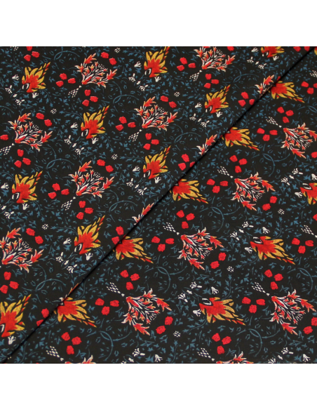 Popeline 100% coton - Motif rouge & jaune fond noir
