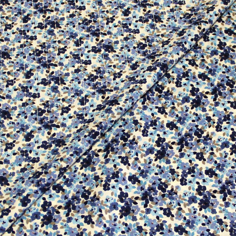 Javanaise - Floral camaïeu de bleu fond écru détails rayure doré