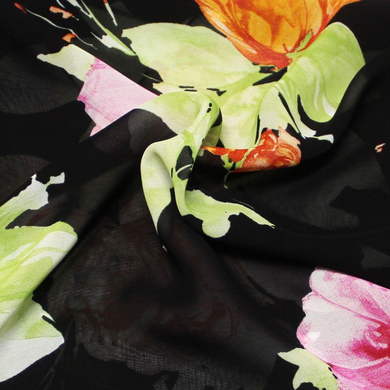 Georgette 100% viscose - Fleuri rose & orange fond noir