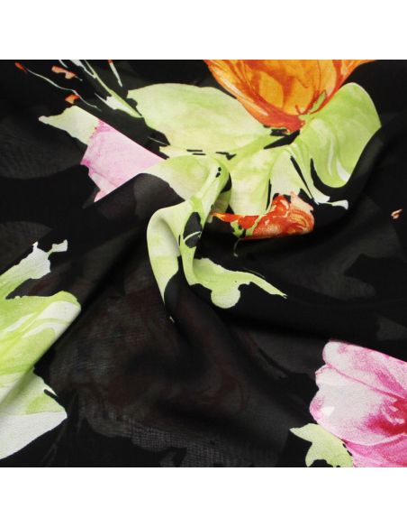 Georgette 100% viscose - Fleuri rose & orange fond noir
