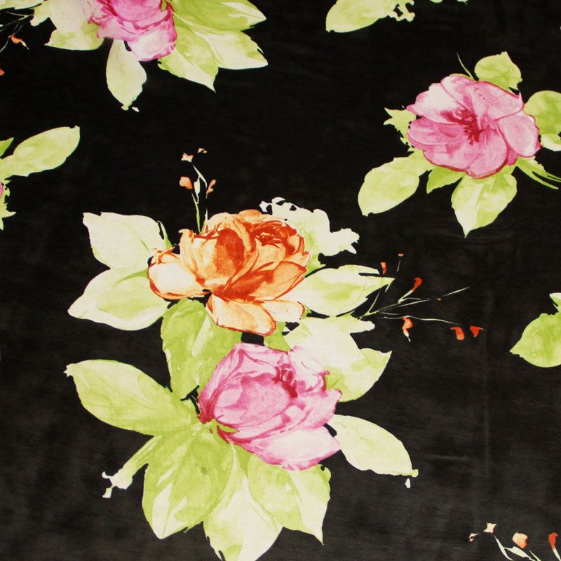 Georgette 100% viscose - Fleuri rose & orange fond noir