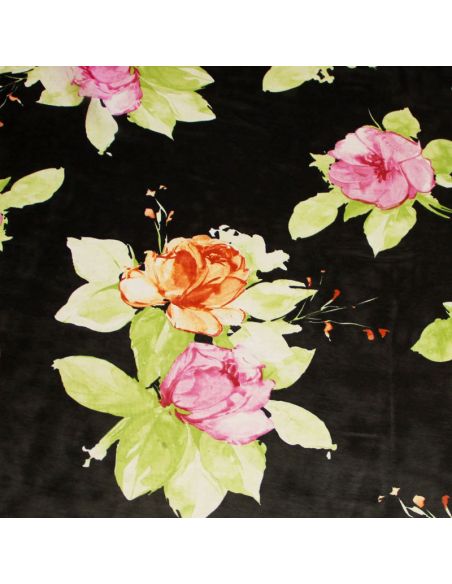 Georgette 100% viscose - Fleuri rose & orange fond noir