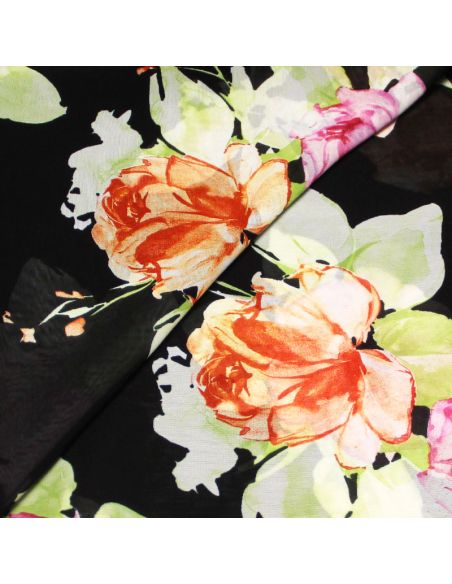 Georgette 100% viscose - Fleuri rose & orange fond noir