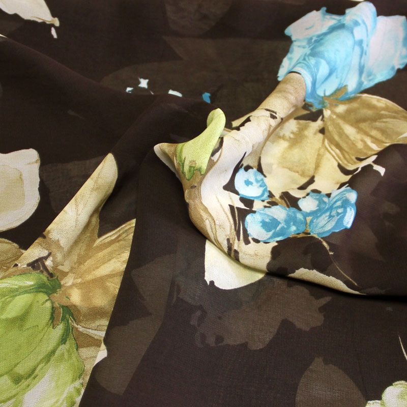 Georgette 100% viscose - Fleuri ciel & vert fond marron