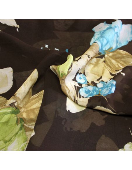 Georgette 100% viscose - Fleuri ciel & vert fond marron