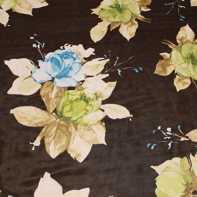 Georgette 100% viscose - Fleuri ciel & vert fond marron