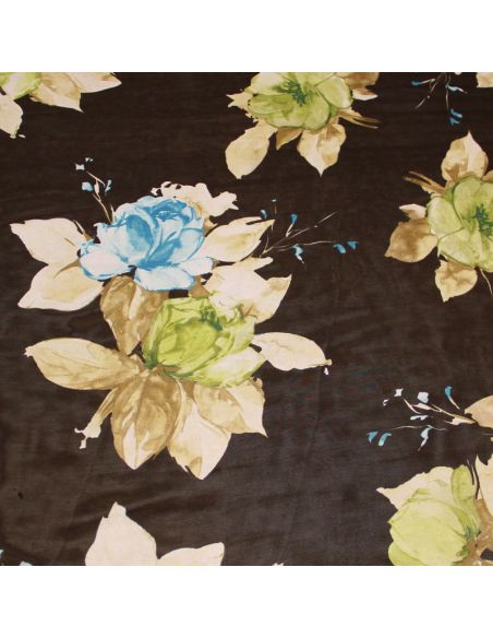 Georgette 100% viscose - Fleuri ciel & vert fond marron