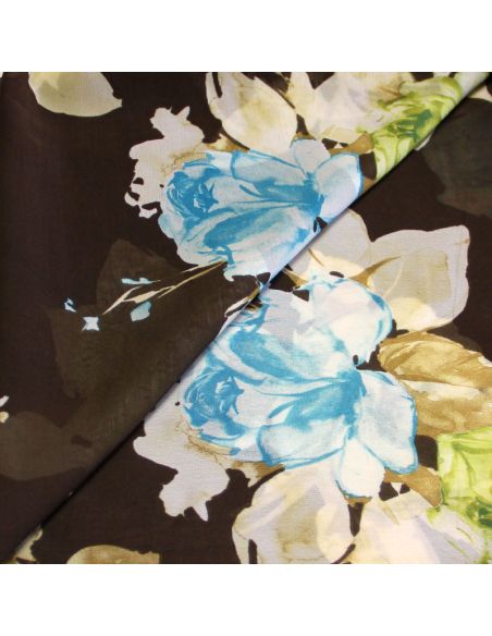 Georgette 100% viscose - Fleuri ciel & vert fond marron