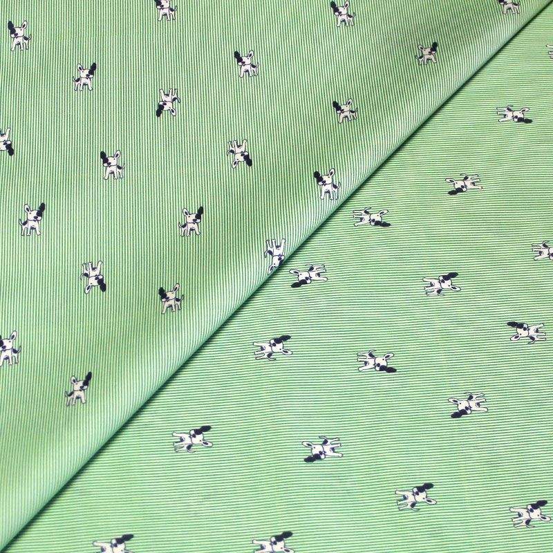 Popeline coton & élasthanne - Rayé vert & bulldog