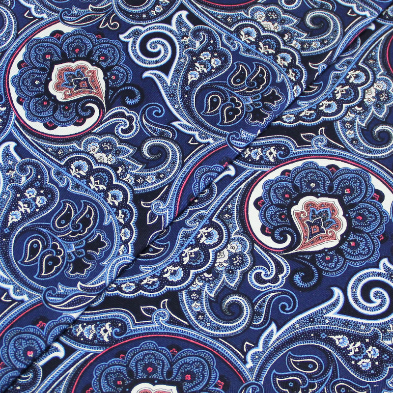 Gabardine coton & élasthanne - Fleuri & cachemire ton bleu détail rose