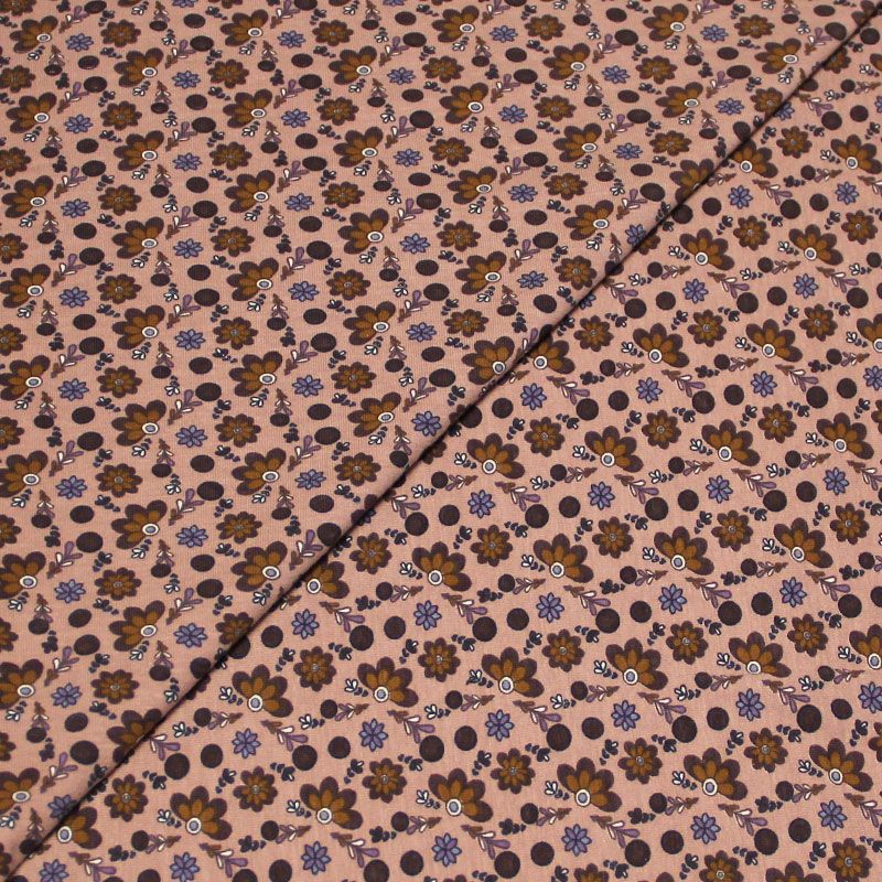 Jersey coton & élasthanne - Fleuri marron fond rose