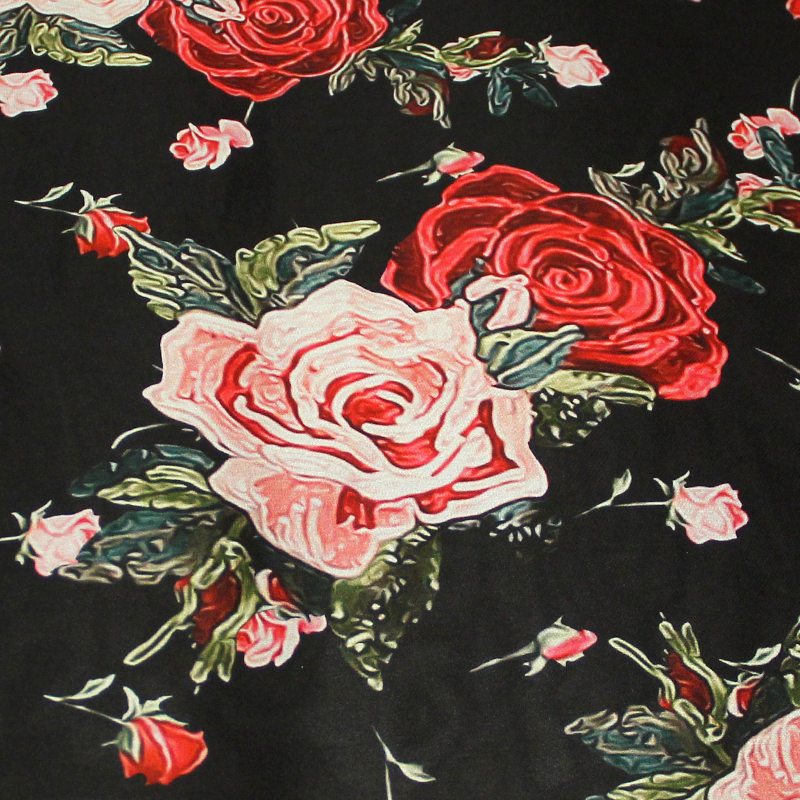 Mousseline - Fleuri rouge & rose fond noir