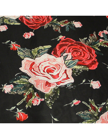 Mousseline - Fleuri rouge & rose fond noir