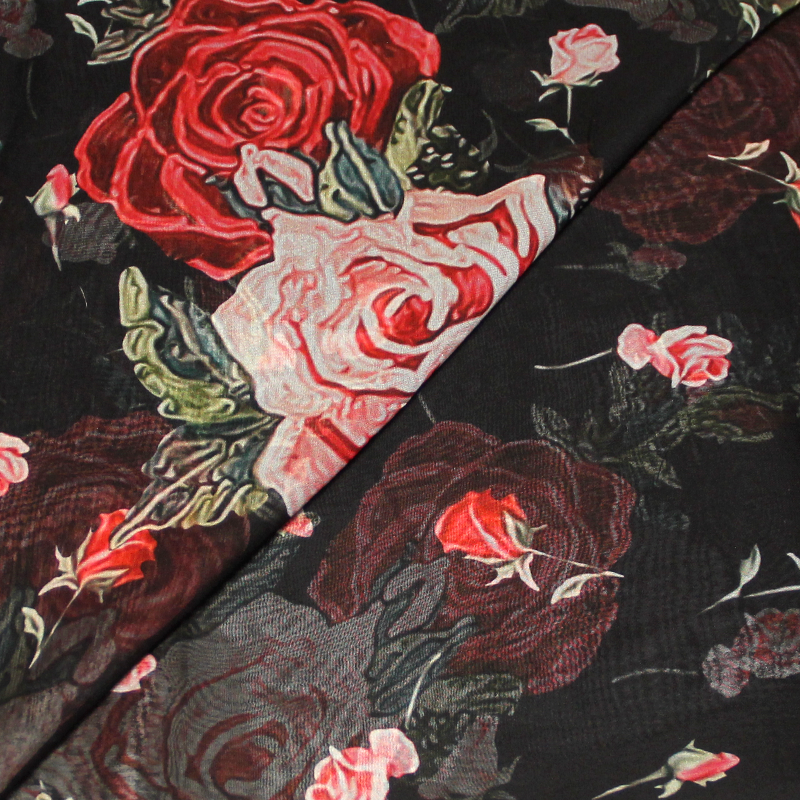 Mousseline - Fleuri rouge & rose fond noir