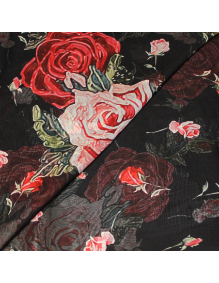 Mousseline - Fleuri rouge & rose fond noir
