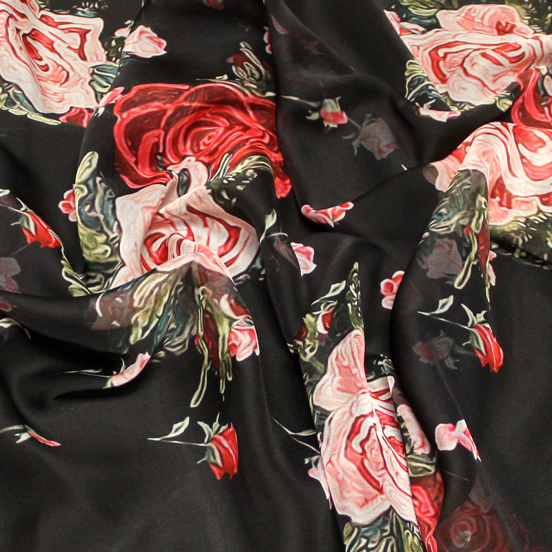 Mousseline - Fleuri rouge & rose fond noir
