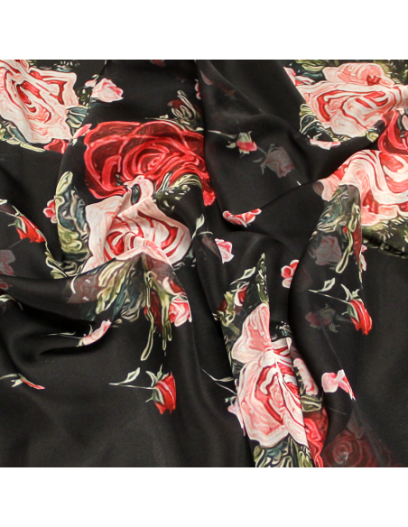 Mousseline - Fleuri rouge & rose fond noir