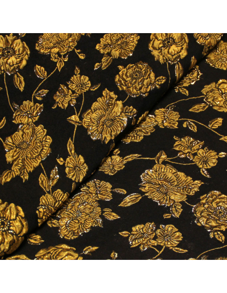 Tissu brocart - Fleuri moutarde fond noir