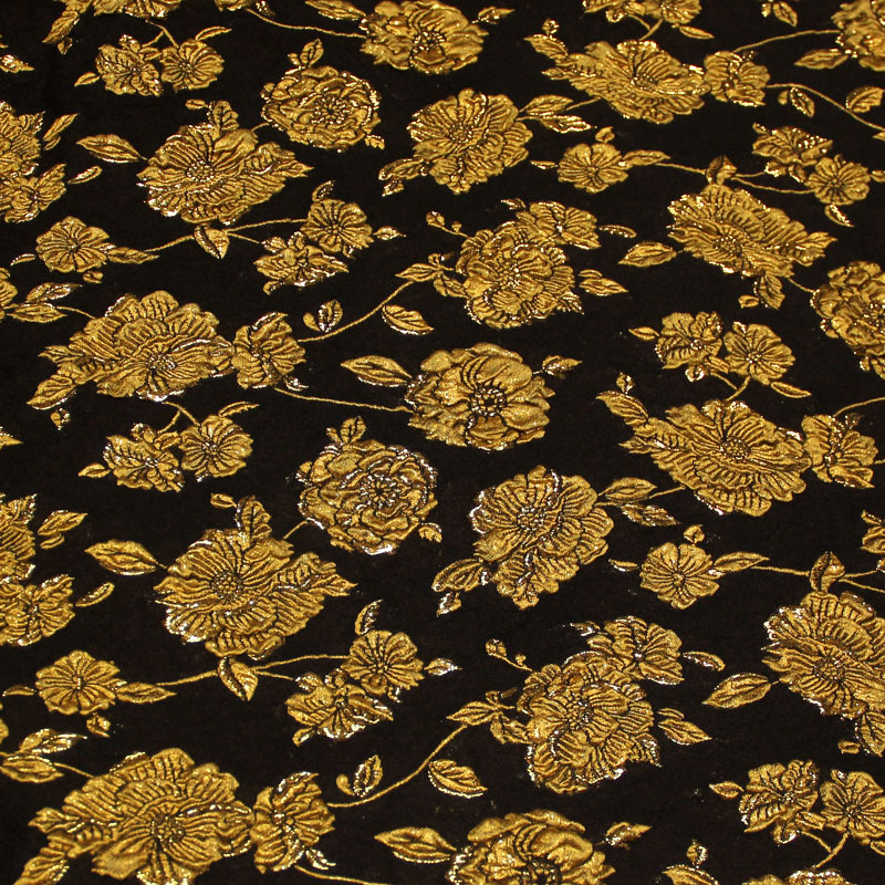 Tissu brocart - Fleuri moutarde fond noir