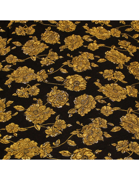 Tissu brocart - Fleuri moutarde fond noir